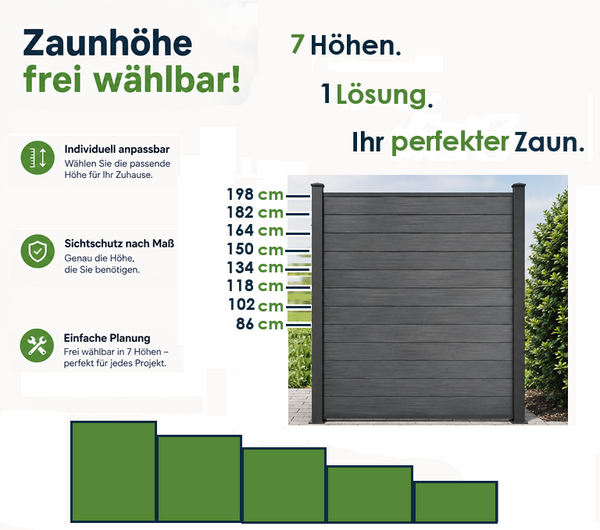 WPC-Zaun von 84cm- 198cm konfigurierbar in verschiedenen Farben inkl. Aluminium Pfosten