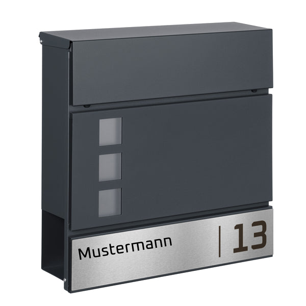 Briefkasten anthrazit mit Sichtfenster und  Zeitungsfach Lasergravur auf Edelstahl  Modell B5