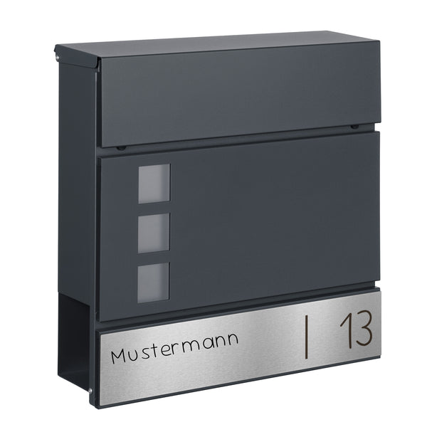 Briefkasten anthrazit mit Sichtfenster und  Zeitungsfach Lasergravur auf Edelstahl  Modell B5