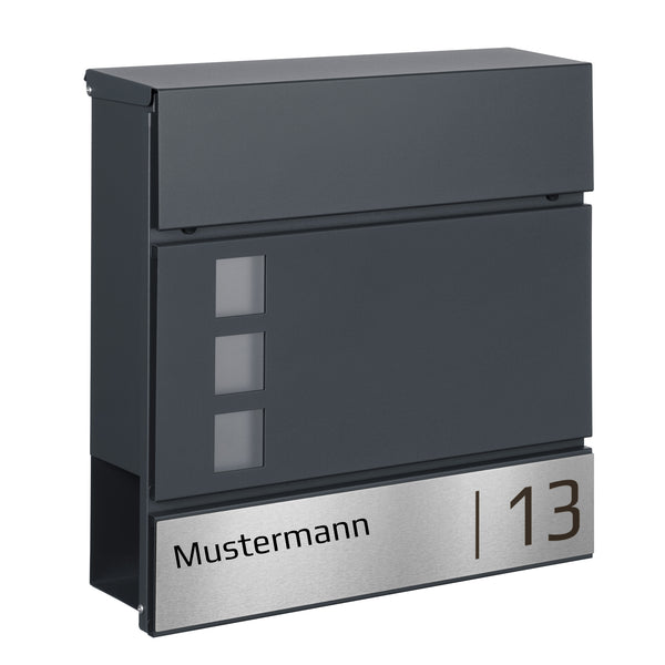 Briefkasten anthrazit mit Sichtfenster und  Zeitungsfach Lasergravur auf Edelstahl  Modell B5