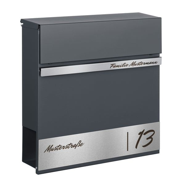 Briefkasten anthrazit B10 mit Edelstahl Namensschild personalisiert Schriftart Mr. Dafo