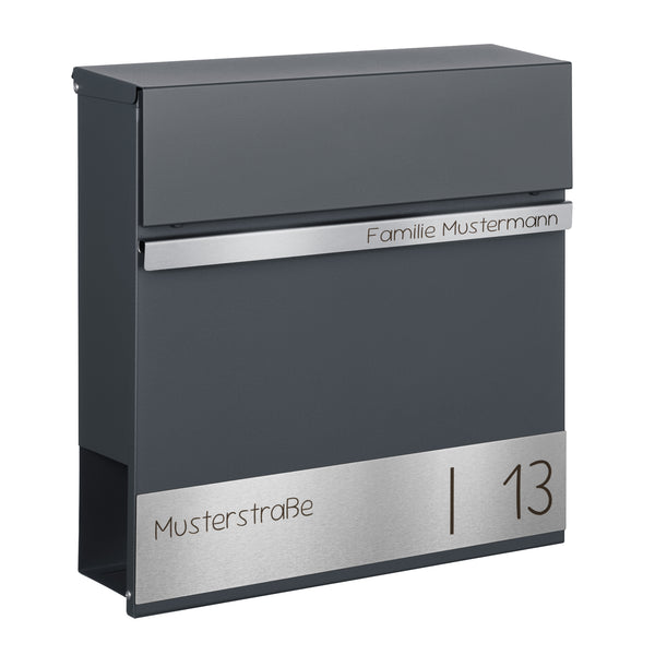 Briefkasten anthrazit B10 mit Edelstahl Namensschild personalisiert Schriftart Sourgummi