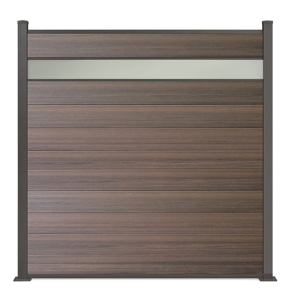 WPC Zaun Excellent Braun mit Plexiglas – Sichtschutz mit Milchglas-Einsatz Alu-Pfosten