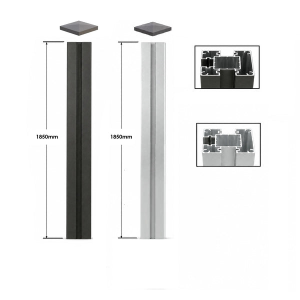 Aluminium Pfosten 1850x70x70mm mit Kappe Abdeckleiste und Bodenhalterung