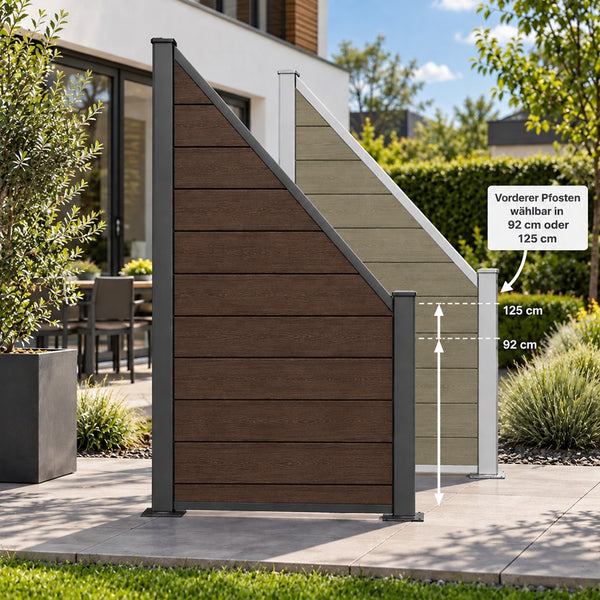 WPC Schrägelement Eleganz B: 180cm H: 90cm oder H: 120cm verschiedene Farben mit kurzem Aluminium-Pfosten