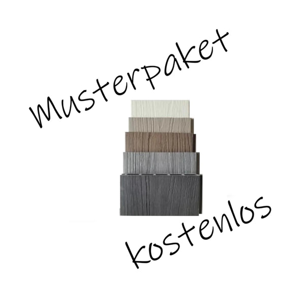 fünf kleine Stücke von WPC Zaunpaneele Excellent in den Farben Braun, Grau, Anthrazit, Weiß und Beige