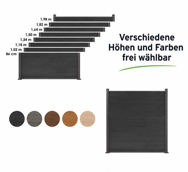 WPC-Zaun von 84cm- 198cm konfigurierbar in verschiedenen Farben inkl. Aluminium Pfosten