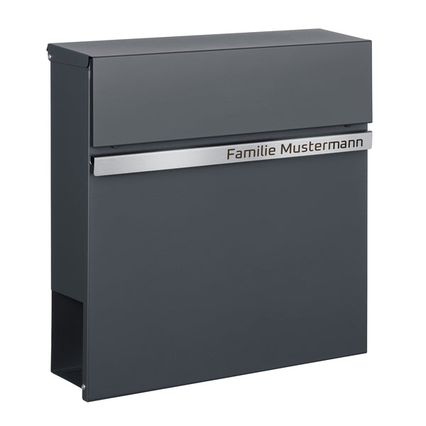 Briefkasten B10a anthrazit mit Edelstahlleiste lasergravur Zeitungsfach und verdecktes Schloss