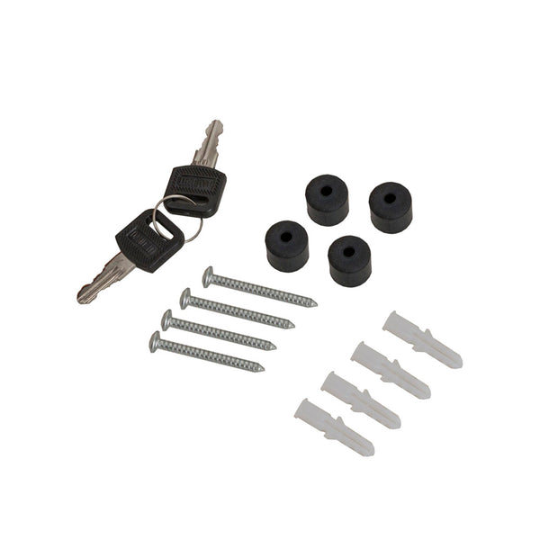 zwei schwarze Schlüssel, 4 Schrauben, 4 Dübel und 4 Wandpuffer