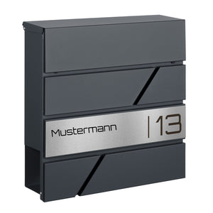 Briefkasten anthrazit personalisiert mit Edelstahlschild und Schriftart Orbitron