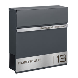Briefkasten anthrazit mit Edelstahl Namensschild personalisiert Schriftart Orbitron