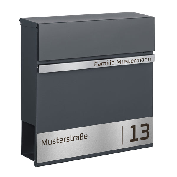 Briefkasten anthrazit B10 mit Edelstahl Namensschild personalisiert Schriftart Oxanium