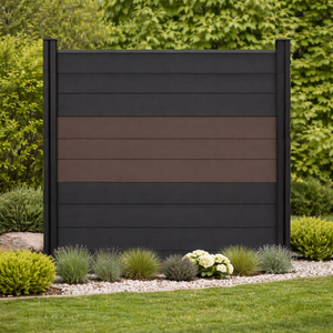 Zaun Element anthrazit mit braunem Streifen im schönen Garten