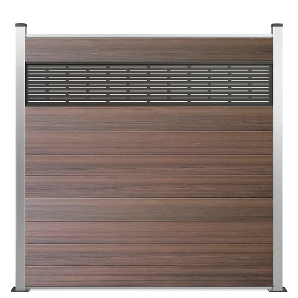 WPC Excellent Sichtschutzzaun Braun mit Dekor Line und Alu-Pfosten