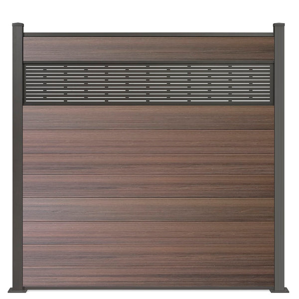 WPC Excellent Sichtschutzzaun Braun mit Dekor Line und Alu-Pfosten