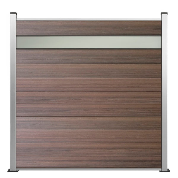 WPC Zaun Excellent Braun mit Plexiglas – Sichtschutz mit Milchglas-Einsatz Alu-Pfosten
