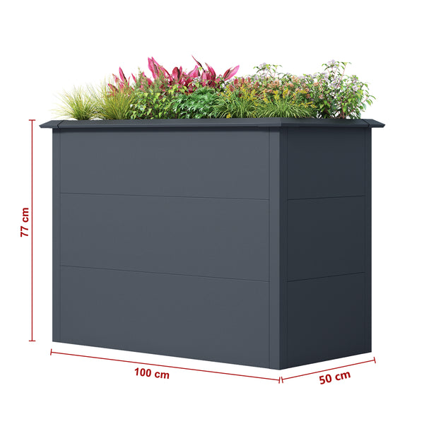 Hochbeet anthrazit mit grünen Pflanzen und Größenangaben, Länge 100cm, Breite 50cm und Höhe 77cm