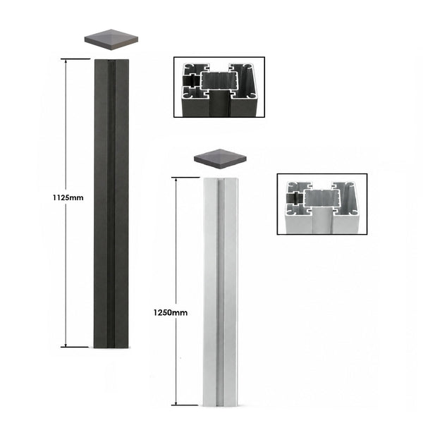 Aluminium Pfosten 1250x70x70mm in Silber oder Anthrazit mit Kappe Abdeckleiste und Bodenhalterung