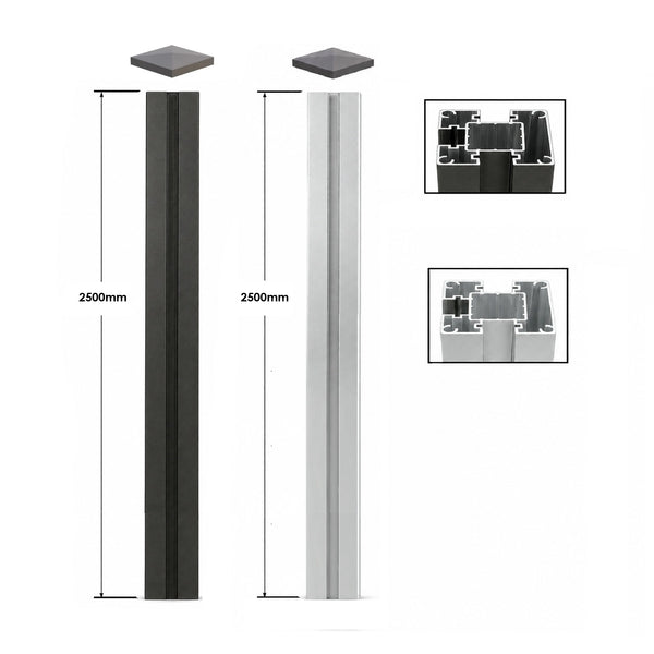 Aluminium Pfosten 2500x70x70mm mit Kappe Abdeckleiste