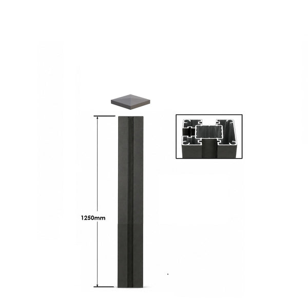 Aluminium Pfosten 1250x70x70mm mit Kappe Abdeckleiste und Bodenhalterung