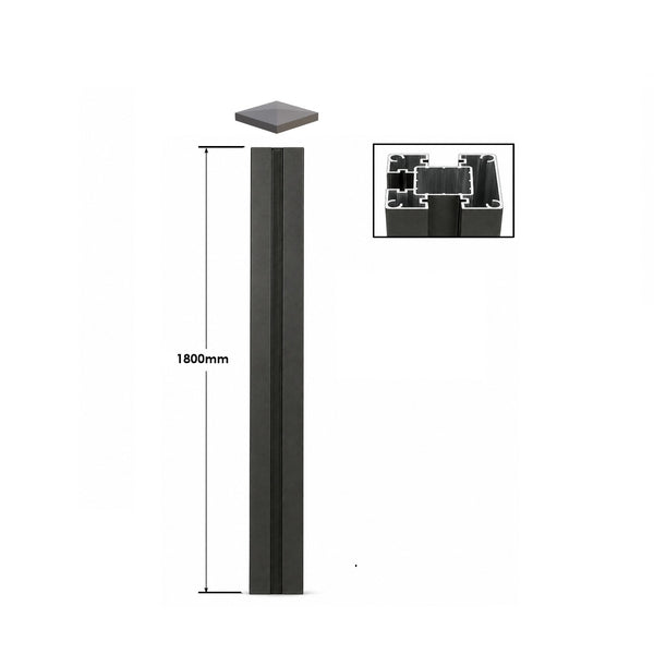 Aluminium Pfosten 1850x70x70mm mit Kappe Abdeckleiste und Bodenhalterung
