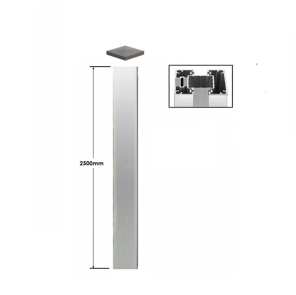 Aluminium Pfosten 1850x70x70mm mit Kappe Abdeckleiste und Bodenhalterung