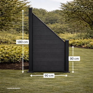 Ein WPC Zaun Schrägelement des Model Brillant Anthrazit in einen grünen Garten