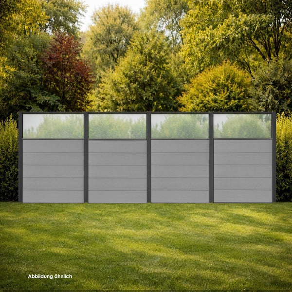 Grauer Zaun mit Glaspaneele im oberen bereich