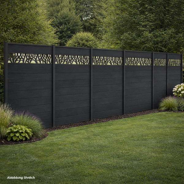 WPC Zaun in Antharzit mit einem Dekorgitter in einem schönen Garten
